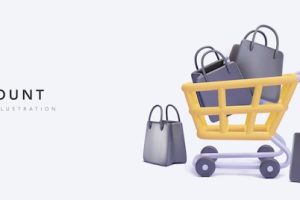 Discount banner with yellow shopping cart and black gift bags in realistic style. vector illustration
