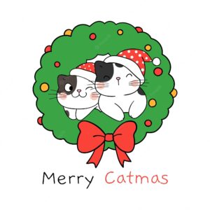 Draw happy cats with christmas wreath for winter and new year