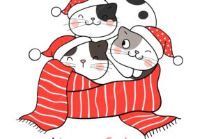 Draw vector funny cats in red scarf for christmas and new year