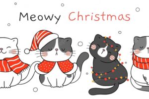 Draw vector illustration character design cute cat for christmas and new year doodle cartoon style