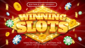 Editable text effect winning slots 3d style concept with chip coin illustration