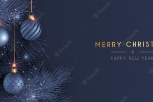Elegant merry christmas and new year card with realistic blue decoration