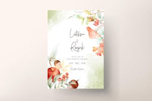 Elegant watercolor wedding invitation card with red apple, nut and mushroom