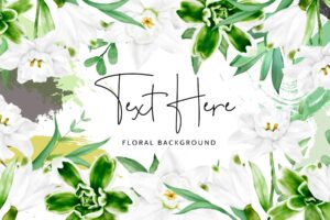 Elegant watercolor white flower and green leaves floral background