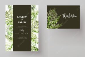 Elegant wedding invitation template with greenery watercolor fern leaves