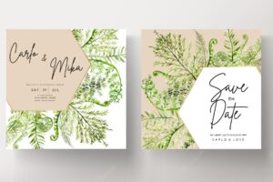 Elegant wedding invitation template with greenery watercolor fern leaves
