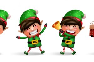 Elf christmas characters vector set. elves 3d kids character with candy cane, gift and bell xmas.