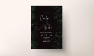 Engraving hand drawn flower and leaves wedding invitation