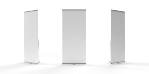 Exhibition banner stands display popup system side by side isolated on a white background