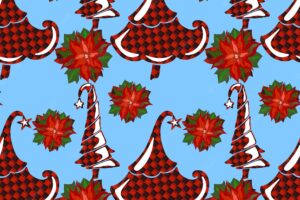Festive seamless pattern. funny christmas trees in black and red checkered and poinsettia flowers.