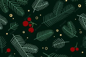 Fir branches with red berries seamless pattern. illustration of green shades. dark green background.