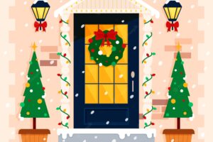 Flat christmas house door illustration