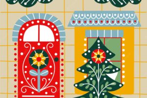 Flat christmas season house door illustration