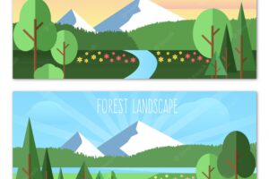 Flat landscape with trees and flowers banners