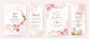 Floral wedding invitation template set with brown and peach roses flowers and leaves decoration.