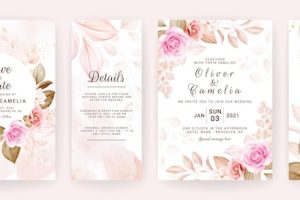 Floral wedding invitation template set with brown and peach roses flowers and leaves decoration.