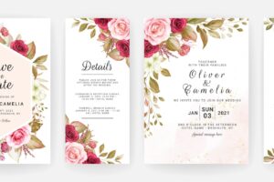 Floral wedding invitation template set with burgundy and peach roses flowers and leaves decoration.
