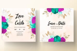 Floral wedding invitation template set with purple and greenery watercolor flower and leaves  decora