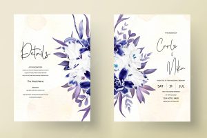 Floral wedding invitation template set with watercolor flowers and leaves decoration