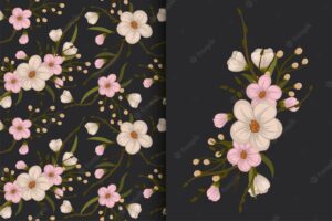 Flower bouquet with seamless pattern floral background set