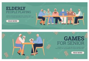 Flyers or banners with elderly people playing cards flat vector illustration