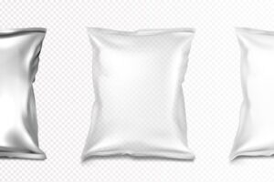 Foil and plastic bags mockup, blank white, transparent and silver metallic colored pillow packages mockup.