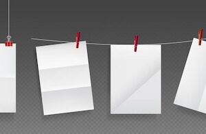 Folded posters hang on rope and pins, white paper blank sheets of wrinkled texture. mockup for flyer, advertisement or letter with folds, crumpled torn pages, realistic 3d vector illustration set