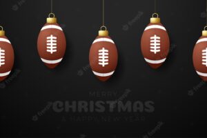 Football christmas greeting card. merry christmas and happy new year hang on a thread american football rugby ball as a xmas ball. sport vector illustration.