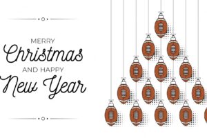 Football rugby christmas and new year bauble tree greeting card creative xmas tree made by ball christmas and new year outline flat vector sport greeting card banner trendy vector style