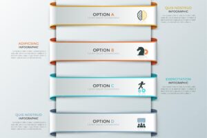 Four paper white ribbons with flat symbols inside placed one below other and text boxes. concept of list with 4 business options. creative infographic design template. vector illustration for report.
