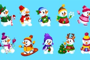 Funny snowmen christmas cartoon snowman winter cacao snow person in scarf kids cute xmas friends isolated holiday garish vector characters