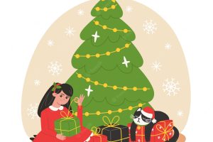 Girl unpacks gifts under the christmas tree