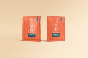 Glossy foil coffee pouch bag and box branding mockup