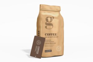 Glossy paper coffee bag with tag label packaging mockup