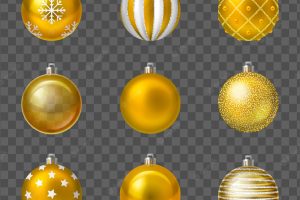 Golden christmas balls new year tree decorations realistic set isolated on transparent background vector illustration
