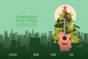 Greeting card christmas music concept with guitar and christmas tree