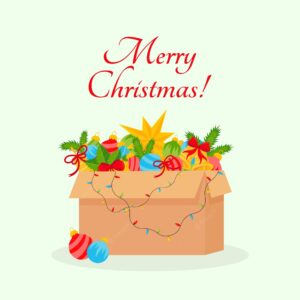 Greeting card with christmas decorations in a box vector illustration