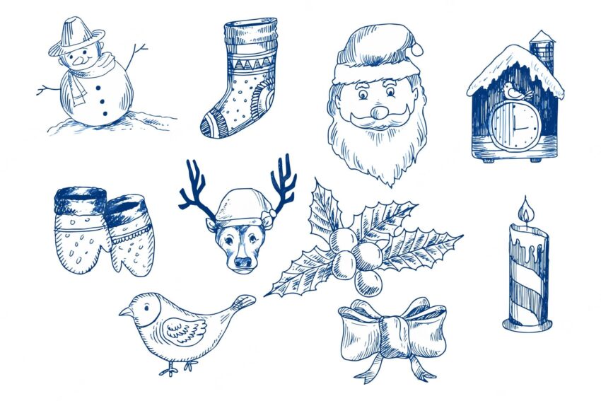 Hand draw decorative christmas elements sketch set design