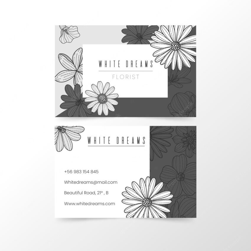Hand drawn black and white floral business card