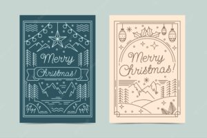 Hand drawn christmas line art cards set