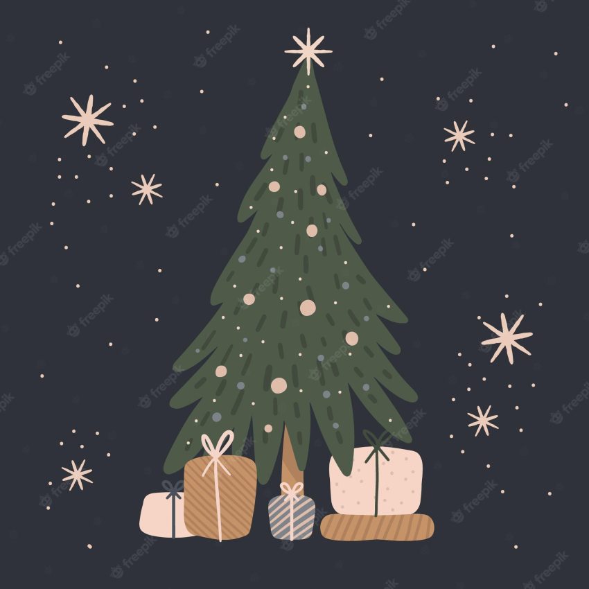 Hand drawn christmas tree with gifts and greeting card