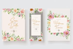 Hand drawn floral and leaves invitation card set
