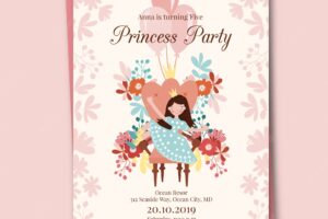 Hand drawn princess party invitation template with flowers