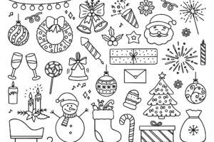 Hand drawn set of christmas doodle icons new year party in sketch style