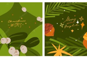 Hand drawn vector abstract graphic merry christmas and happy new year clipart illustrations greeting card set with flowers and leavesmerry christmas cute floral design backgroundwinter holiday art
