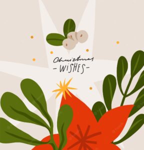 Hand drawn vector abstract graphic merry christmas and happy new year clipart illustrations greeting card with flowers and leavesmerry christmas cute floral card design backgroundwinter holiday art