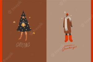 Hand drawn vector abstract graphic merry christmas and happy new year illustration of people characterspeople in costumes cards setmerry christmas people card designwinter holiday art collection
