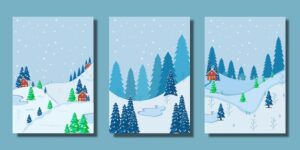Hand drawn winter in the night, christmas vector design with house, snow, mountain and tree
