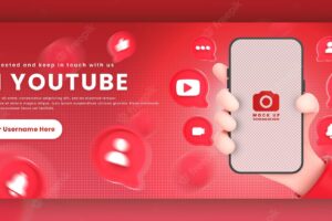 Hand holding phone youtube icons around 3d rendering mockup for promotion facebook cover template