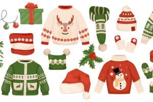 Handmade christmas set with isolated icons of festive decorations gifts and images of knitwear with sweaters vector illustration